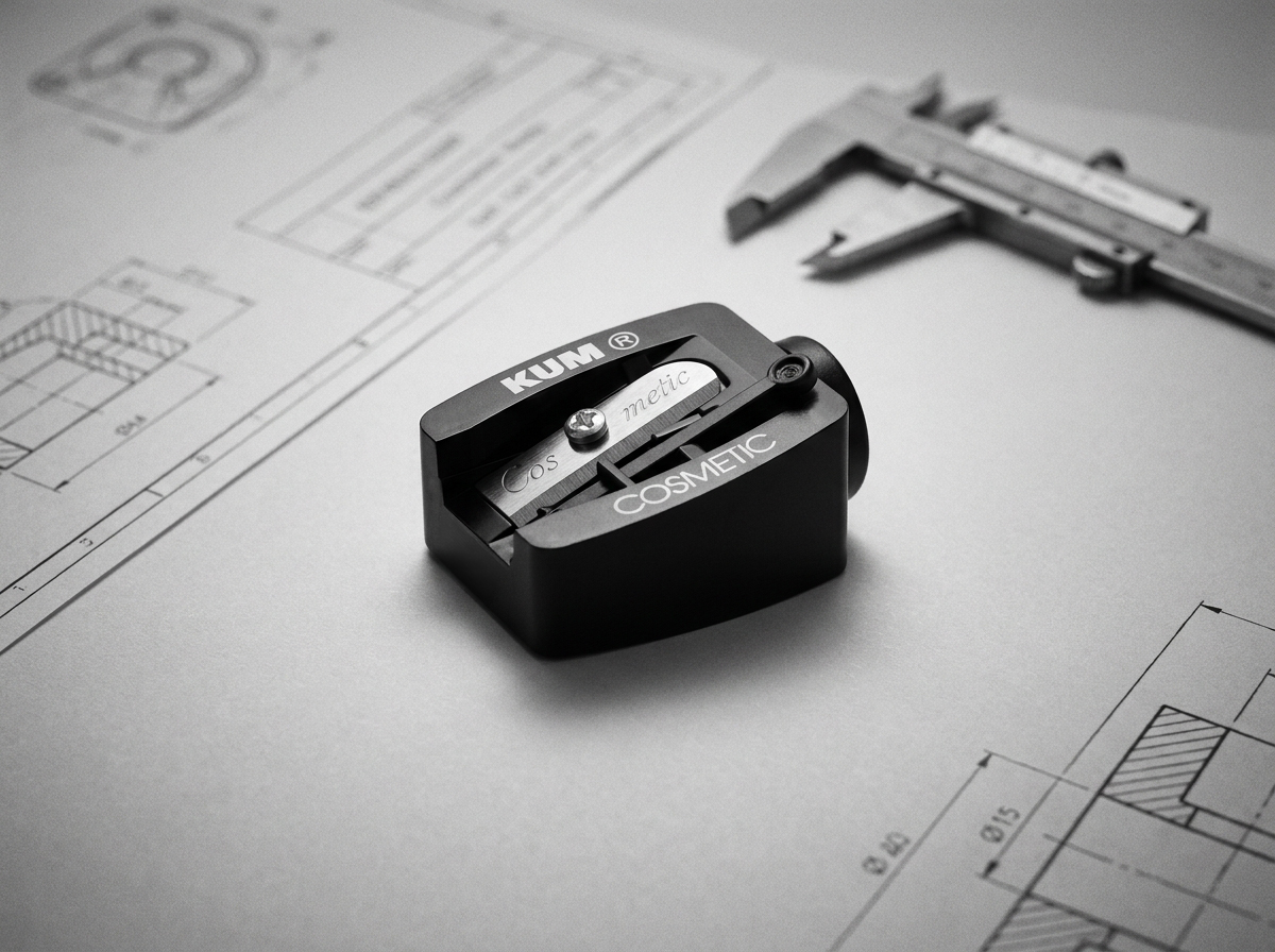 A KUM cosmetic sharpener on an engineer's desk with technical drawings and a caliper