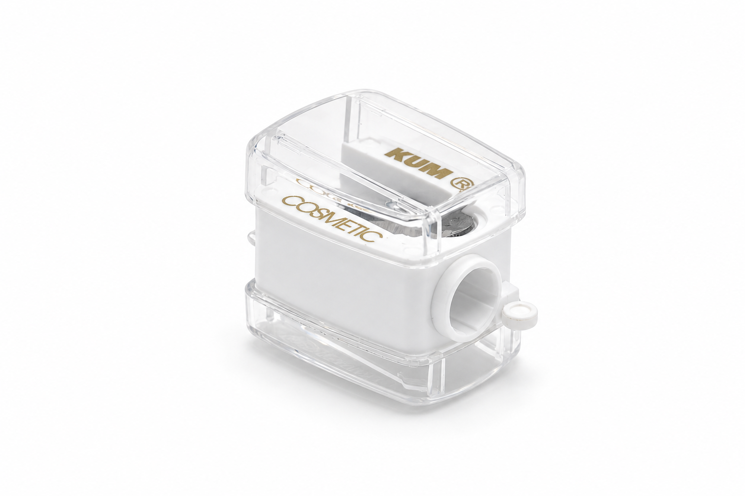 KUM Revolution sharpener in a transparent housing, front view